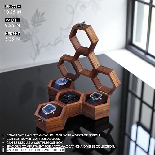 Image of Vintage Wooden Watch Box for Men, Timepiece Display Case, Honeycomb Watch Storage & Organizer, Jewlery Box for Women, Anniversary Gift For Husband (4 Compartments)