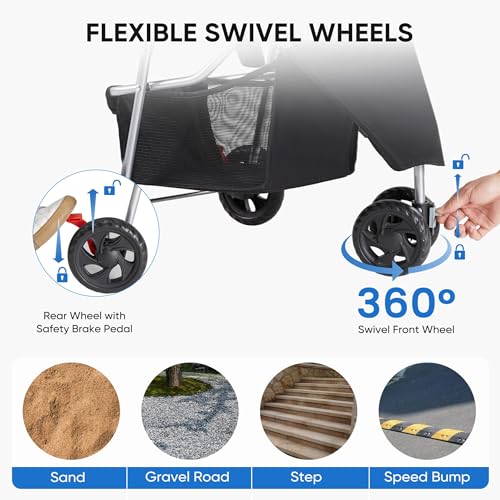 Image of NEWBULIG Pet Stroller for Dogs, Cats Stroller with 3 Wheel, Foldable, Lightweight and Durable, Ideal for Small to Medium Pets, Includes Storage Basket and Cup Holders, Black