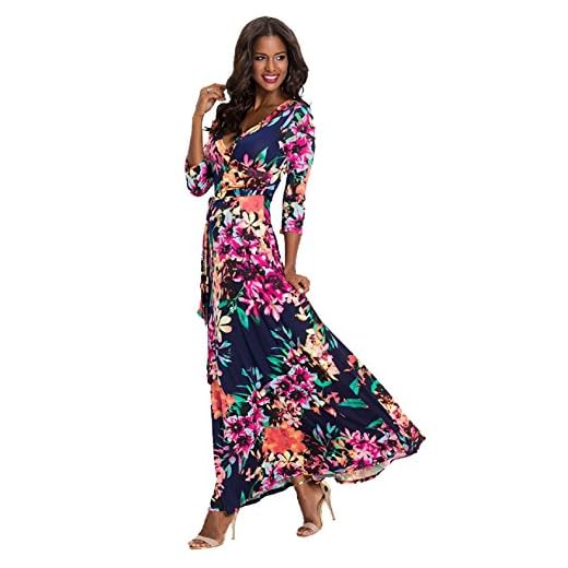 Vestidos Estampados Flores Mujer de Verano Cuello en V Manga 3/4 Cintura Alta con Cinturón Vintage Bohemio Hippie Chic Caftan Tunica Falda Wrap Vestido Imperio Largo para Playa Noche Ceremonia Fiesta