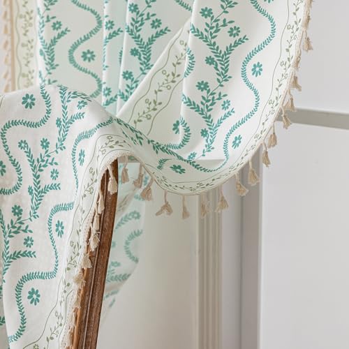 Image of Boho Curtains 45 Inch Long for Living Room, Bedroom,Sky Blue on White 2 Panels Floral Farmhouse Vintage Tassel Semi Sheer Light Filtering Privacy Window Curtain Drapes with Rod Pocket