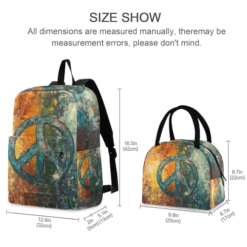 Backpack Lunch Bag Set Painting Peace Sign Print, Big Storage Travel Backpacks with Insulated Lunch Box for Office Hiking Picnic2