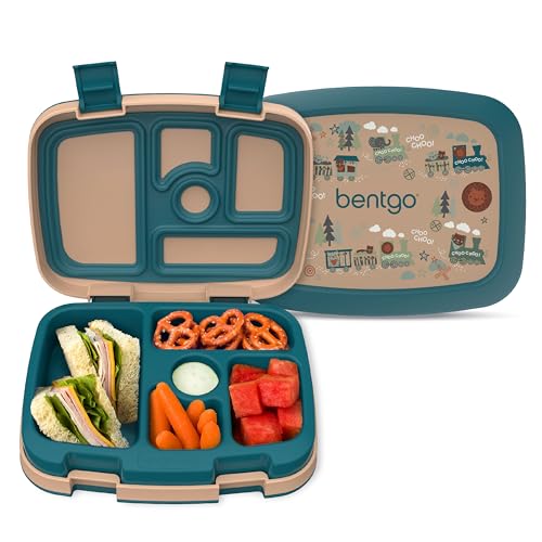 Image of Bentgo Kids Prints Leak-Proof, 5-Compartment Bento-Style Kids Lunch Box - Ideal Portion Sizes for Ages 3-7, Durable, Drop-Proof, Dishwasher Safe, & PFAS & BPA-Free Materials (Trains)