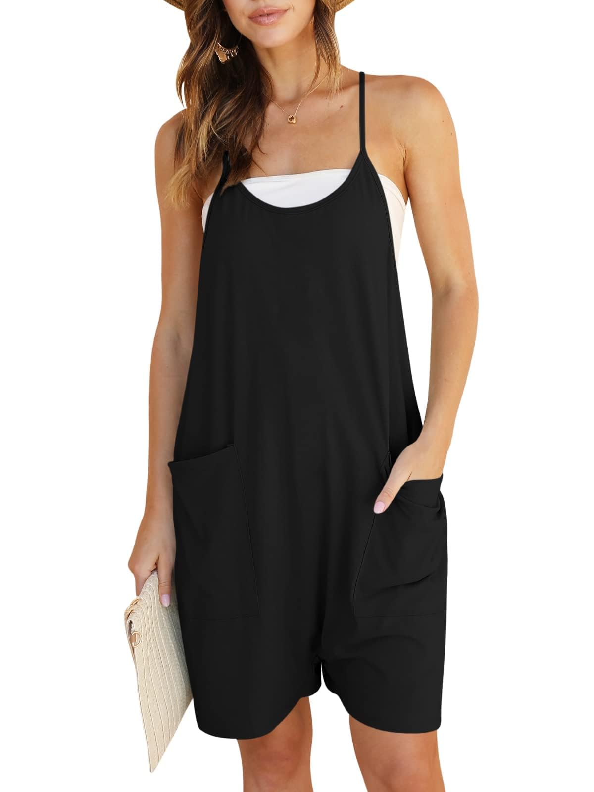 DEEP SELFWomens Summer Rompers Casual Loose Spaghetti Straps V Neck Sleeveless Shorts Jumpsuit with Pockets 2024