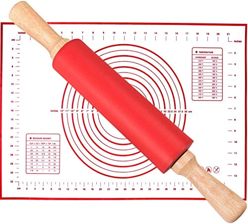Rolling Pin Pastry Baking Mat, Dough Roller Rolling Mat - Extra Large Nonstick Silicone Rolling Pin 16.9â€- Thick Nonstick Silicone Pastry Mat Board - Pizza Pie Crust Fondant Mat Oven Liner 24â€x 16â€