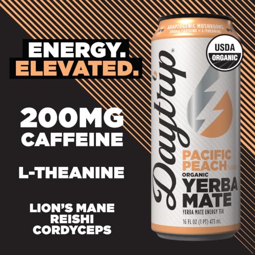Image of Daytrip Organic Yerba Mate Energy Drink- Clean, Plant Based Caffeine (200mg) with Adaptogenic Mushrooms and Green Tea for Focus and Brain Fog - Low Calorie, Low Sugar (12 Pack Case)