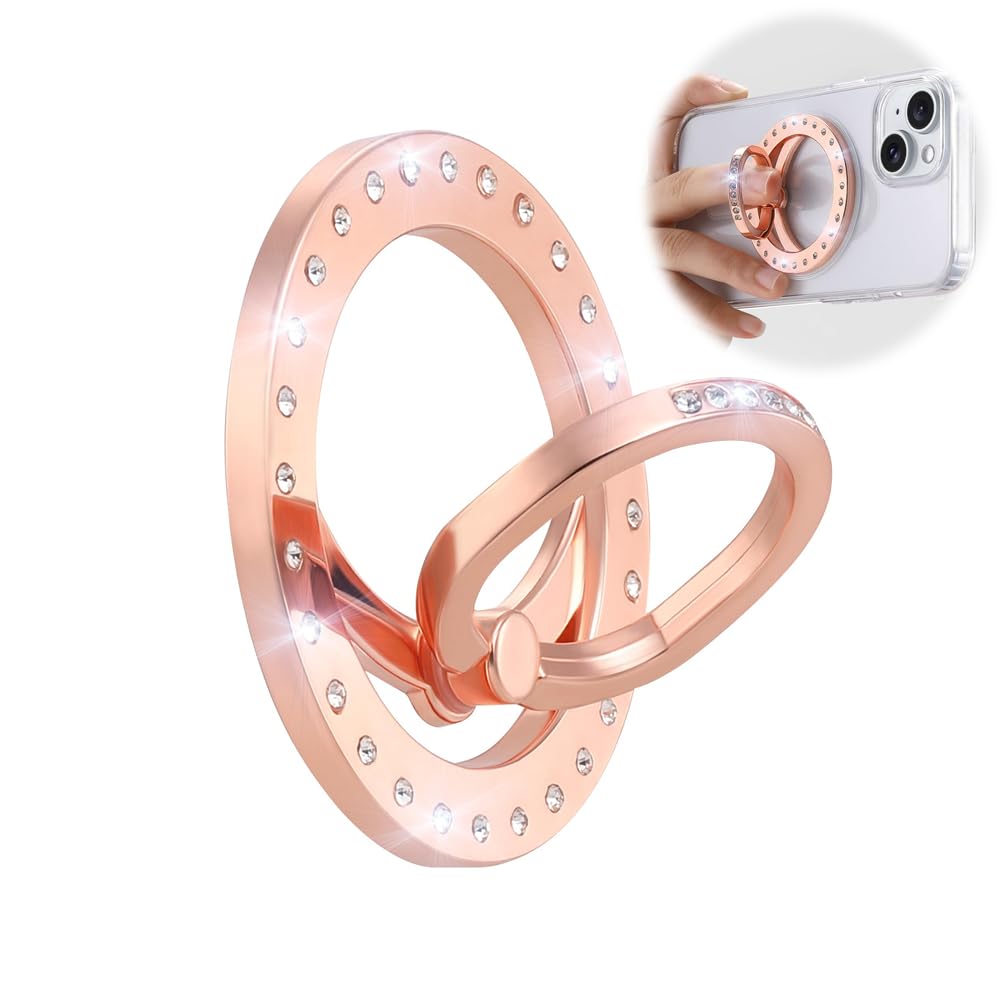 Azonee Phone Grip & Stand, Magnetic Phone Ring Holder with Bling Crystal, Adjustable Stand for iPhone 15/14/13/12 Series (Rose Gold)