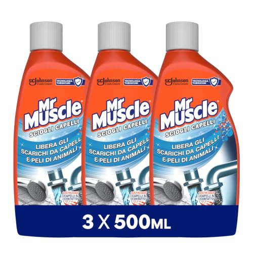 Mr Muscle Sciogli Capelli, Disgorgante Professionale Forte, 3 Pezzi x 500ml | Stura Lavandini e Scarichi, Forte per Capelli e Peli di Animali, Sicuro per i Tubi, Formato Scorta