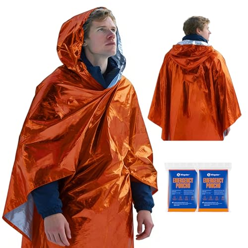 K Kingstar 2 Pack Emergency Mylar Poncho, Waterproof Rain Ponchos, Reusable Packable Ponchos, Survival Blanket Poncho for Outdoor Camping & Hiking, Rescue, Car Emergency Kit, Shelter/Tent Cover
