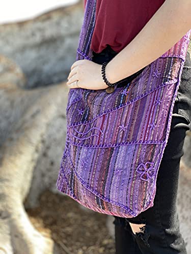 Image of Hand Embroidered Peace and Sunrise Boho Crossbody Hippie Handbag - Unique, Ethical, and Vibrant for the Free-Spirited Soul