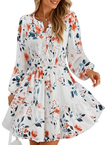 ZESICA Fall Long Sleeve Floral Dress for Women 2025 Casual V Neck Smocked A Line Flowy Boho Mini Dresses with Pockets