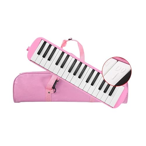 OXIZER 初心者向け鍵盤ハーモニカ。ウサギ型の位置決めマークと凸型音符デザイン、ベース固定ブラケット、安定した演奏、排水キーの便利さ、お手入れのしやすさ、初心者でも押鍵位置が簡単にわかるなど、音楽教育や趣味に最適です。収納ケース付き。 (32鍵,ピンク