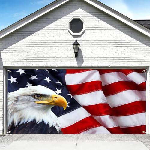 DORCEV 7x16ft American Flag And Bald Eagle Theme Garage Door Decorations 4th Of July Independence Day Garage Door Banner Cover Wallpaper Labor Day Memorial Day Patriotic Veterans Party Supplies