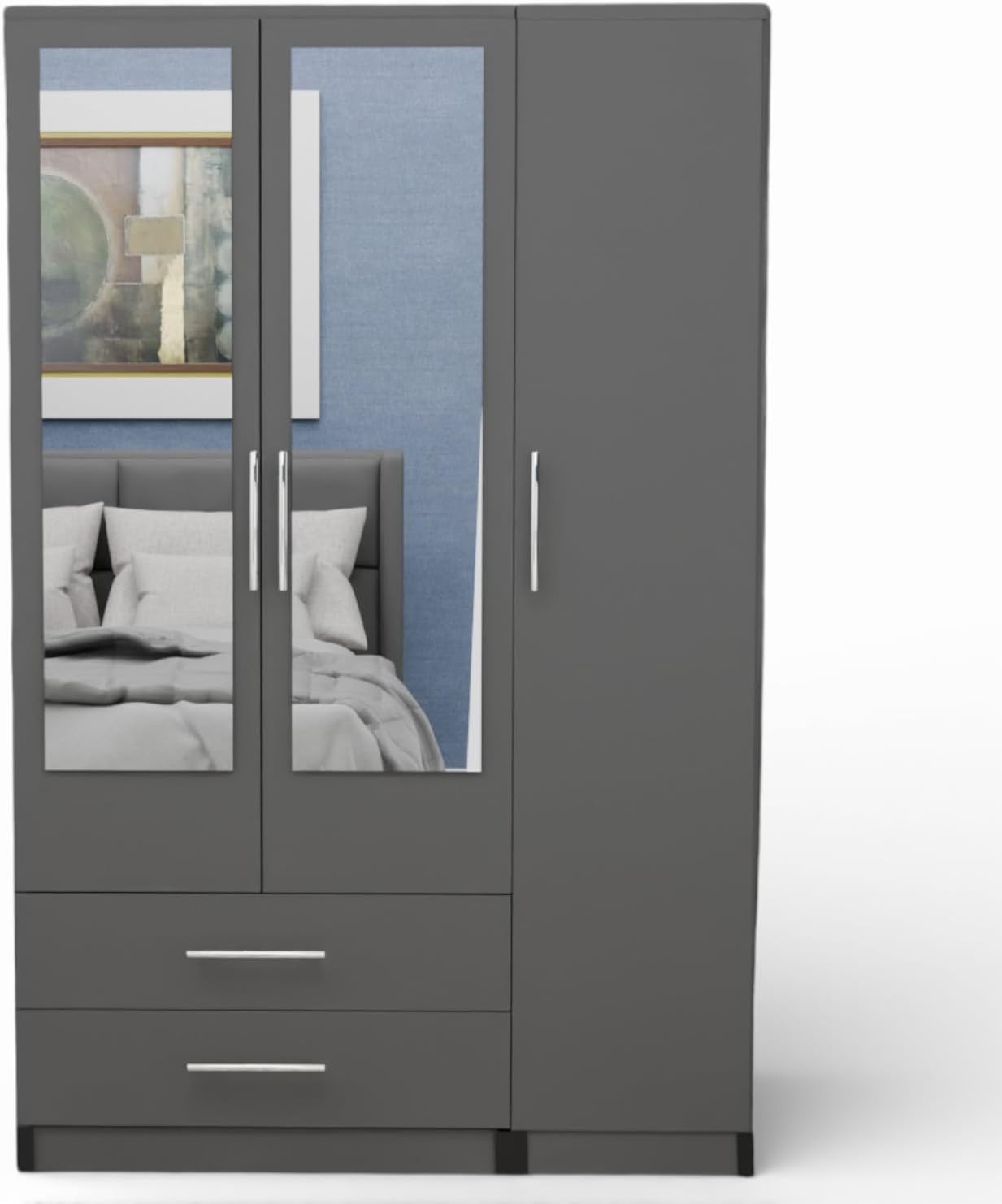 Fully Assembled 3 Door Modern 2 Mirrored Wardrobe with Drawers – Freestanding Bedroom Storage Cabinet with Hanging Rail and shelf, 116W x 184H x 52D cm,Multiple Colours Available (Grey)