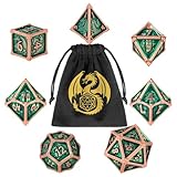 Set di Dadi in Metallo DND, Modello del Drago, 7 pezzi di Dadi Poliedrici, MTG, Accessori per Giochi di Ruolo, Regali D&D con Borsa Regalo, D20, D12, 2 D10 (00-90 e 0-9), D8, D6 e D4, Rame + Verde