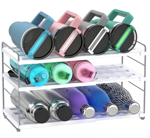 Image of YAN & HIN Expandable Water Bottle Organizer for Cabinet, 3 Tier Tumbler Organizer and Bottle Holder, Adjustable Storage Rack for Kitchen Cabinet, Pantry Organizer, Countertop Bottle Storage