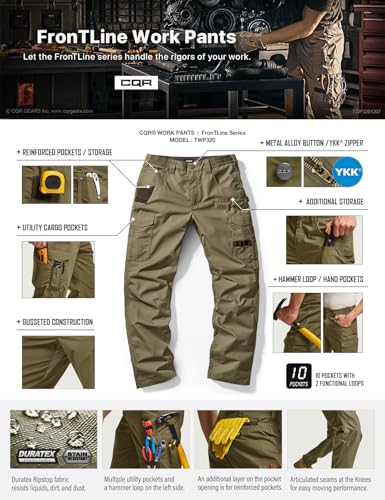 Image of CQR Men's Quick Dry Work Pants, Water Resistant Outdoor Tactical Pants, Lightweight Stretch Cargo Hiking Pants