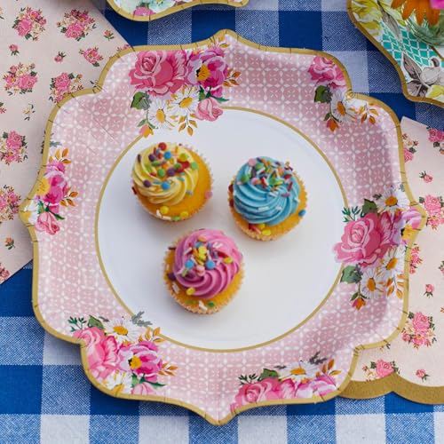 Talking Tables Platos medio con detalles florales ‘TS4.’ Paquete de 12 con 3 patrones diferentes. Para una fiesta de muñecas o bodas. Amarillo, Rosa y Azul.