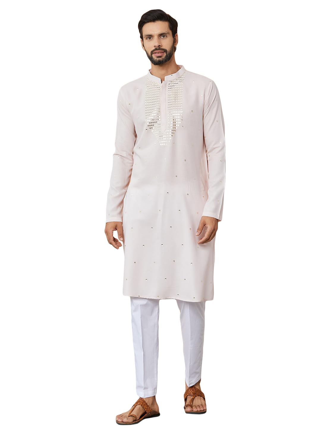 See Designs Men's Long Sleeve Mandarin Collar Side Slit Light Pink Sequins Embroidered Rayon Straight Kurta With Yoke Design - Sdkt2552M
