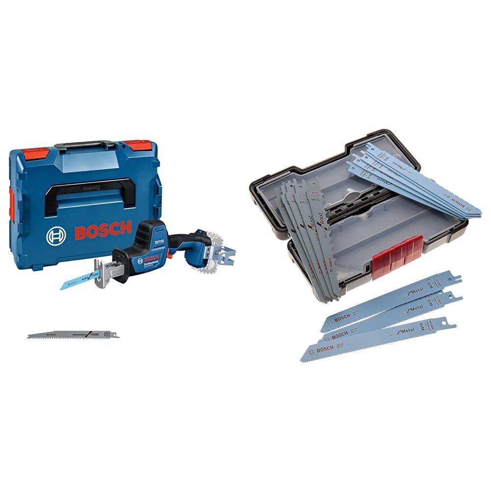 Bosch Professional 18V System Sierra Sable a Batería GSA 18V-24 (incl. S922EF, S2345X, kit de gancho para escalera, L-BOXX) + Set Toughbox con 15 hojas de sierra sable para mdera y metal