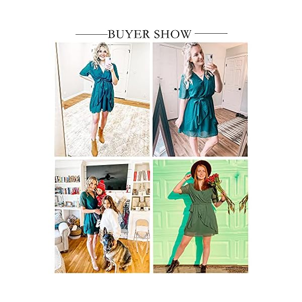 BTFBM Women 2023 Fashion Faux Wrap V-Neck Dresses Short Sleeve High Waist Belt Swing Ruffle Hem Aline Summer Short Dress(Dark Green, Large)
