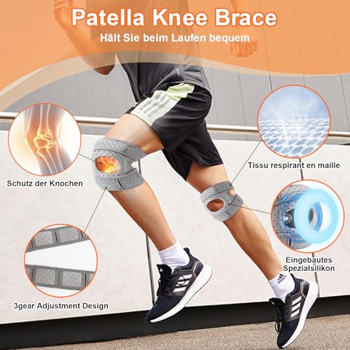 Kniebandage Männer & Damen mit Schweißband-3D-Silikon-Patella Knie Support gegen Arthrose, Knieschmerzen,Meniskus-Verstellbare & Atmungsaktive Knee Brace für Sport (Grau, Erwachsene L)