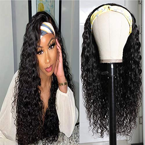 ARIETIS 24 inch Headband Wig None Lace Front Wigs Human Hair Water Wave Human Hair Wigs for Black Women Headband Wigs Machine Made Wigs Natural Black Color 150% Density with 2 Exquisite Hairbands