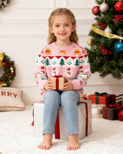 Image of Toddler Christmas Sweater Snowman Girls Knit Crewneck Snowflake Pullover Kids Cute Xmas Pink Clothes Tops 3-7 Years