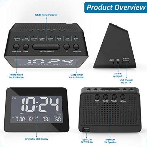 White Noise Sleep Sound Machine Alarm Clock for Home, Adults, Baby, Sleeping, Office Privacy, 8 Nature Soothing Sound, Headphone Jack, Dual Loud Alarm, Sleep Timer, USB Charger - Thumbnail 4