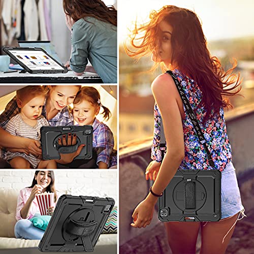 Seymac Case For 2022/2021 Ipad Pro 12.9 Inch 6Th / 5Th Gen - Heavy Duty Protection Shockproof Case With Screen Protector, 360 Rotation Stand/Hand Strap Pencil Holder, Supports Pencil 2 Charging, Black #TOP2