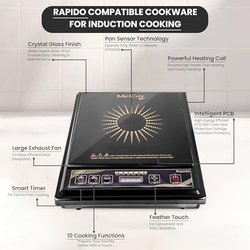Image of McCoy Rapido Induction Stove, 1400 watt, Auto Cook Function, Smart Controls, 1 year warranty Black