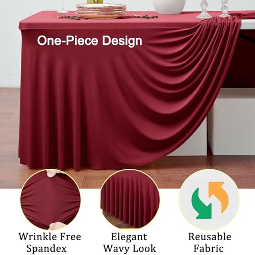 Image of Spandex Burgundy Table Clothes for 8 Foot Rectangle Tables, Wrinkle Free Fitted Tablecloth Cover 8ft Maroon Stretchy Tablecloths Desk Skirt for Parties Weddings Birthday Banquet Baby Shower