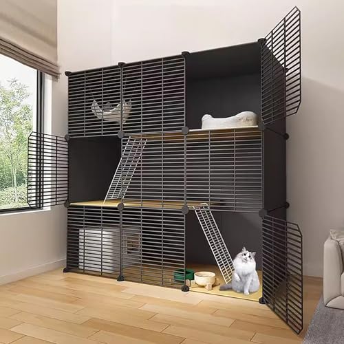 Katzenkäfige für den Innenbereich, 3 Etagen, großes DIY-Katzengehege mit Katzentoilette, Bett und Schüssel für 1-3 Katzen