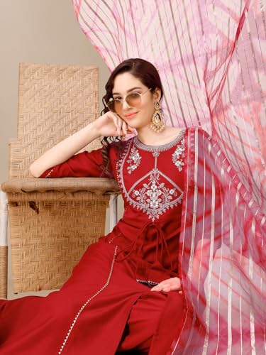 Image of EthnicJunction Women's Chinon Embroidered Straight Front Slit Kurta Palazzo & Organza Dupatta Set | Wedding | Heavy | Outfit | Suit