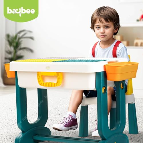 Image of BAYBEE 4-in-1 Study Table and Chair Set for Kids, Foldable & Portable Design Study Desk with Storage, Drawing Board & Block Surface Age 2-8 Years (Green)