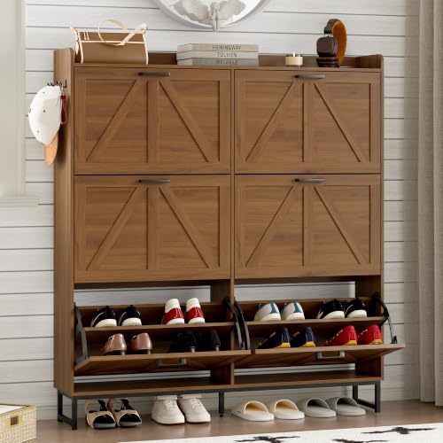 Image of BORNOON Shoe Cabinet with 6 Flip Drawers Narrow Shoe Storage Cabinet Organizer Wooden Freestanding Shoe Rack Hidden Slim Shoes Storage Cabinet for Entryway, Hallway, Living Room, Bedroom