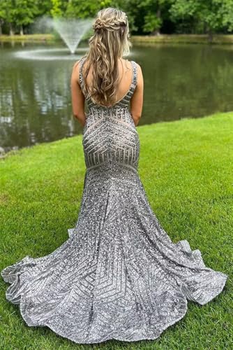 Sparkly Sequin Prom Dresses for Women Deep V Neck Mermaid Formal Evening Dress2