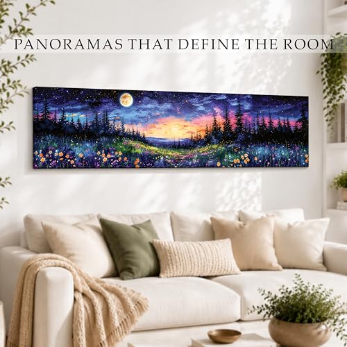 Image of Starry Sky Landscape Stretched Canvas Wall Art Painting for Living Room, Full Moon Mountain Canvas Wall Decor For Livingroom, Bedroom, Office, Hallway's, Hotel 12x46 Inch
