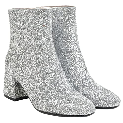 LUXMAX Women Glitter Ankle Boots Chunky Heel Square Closed Toe Sparkly Booties Block Heel Side Zip Winter Party Shoes