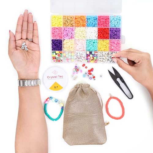 Image of ambitieux DIY Bracelet Making Kit - 24 Colorful Beads, 10m Elastic Thread, Jute Bag, and Cutter - Gift for Girls Birthdays (Clay Beads 3)