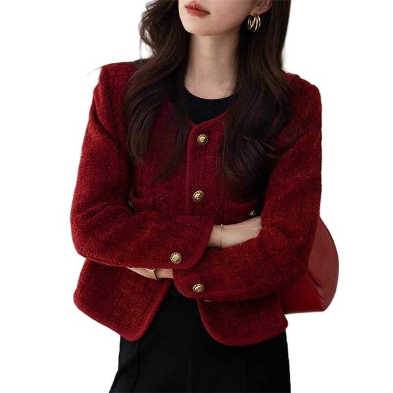 JYHBHMZG Womens French Style Elegant Burgundy Tweed Short Jacket Spring Autumn Outerwear