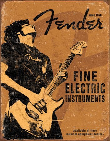 Fender Rock On Guitar Fine Electric Instruments Distressed Retro Vintage Tin Sign - 32x41 cm
