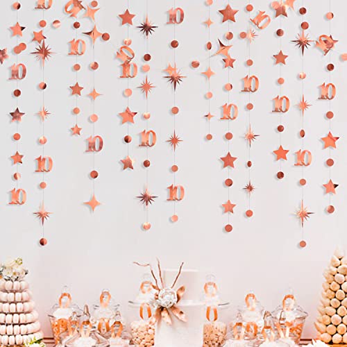 Image of Rose Gold 10th Birthday Decorations Number 10 Circle Dot Twinkle Star Garland Metallic Hanging Streamer Bunting Banner Backdrop for Girls Boys Ten Year Old Birthday 10th Anniversary Party Supplies