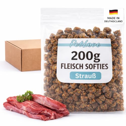 PetLove Fleisch Softies für Hunde • Hundeleckerli ohne Getreide • 63% Fleischgehalt • Hunde Leckerlis für Training • Strauß (200g)