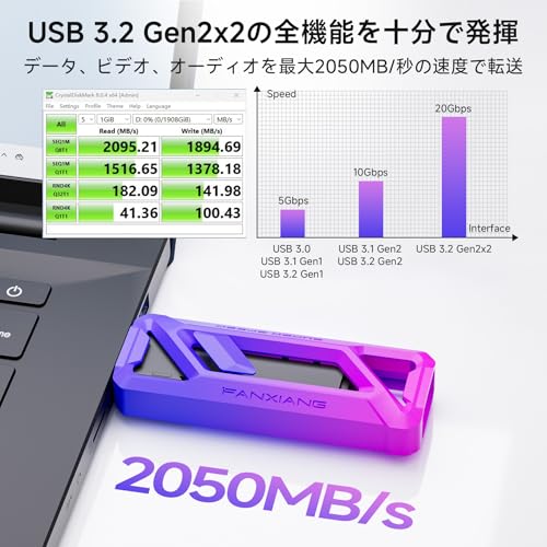 fanxiang 外付けSSD 256GB【最大読込2050MB/s】Type-C+USB 3.2 Gen2 対応 20Gbps ポータブル ssd 超小型 コンパクト スティック テレビ録画用 ゲームデータ保存 耐衝撃 アルミ 超高速 大容量 Win/Mac Android iPhone15シリーズ対応 FF958正規保証品 メーカー5年保証