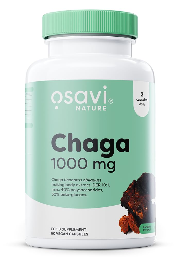 OSAVI Chaga Mushroom Extract Capsules, 1000mg, 60 Vegan Caps, Standardised 40% Polysaccharides and 30% Beta-glucans, Made by Olivit