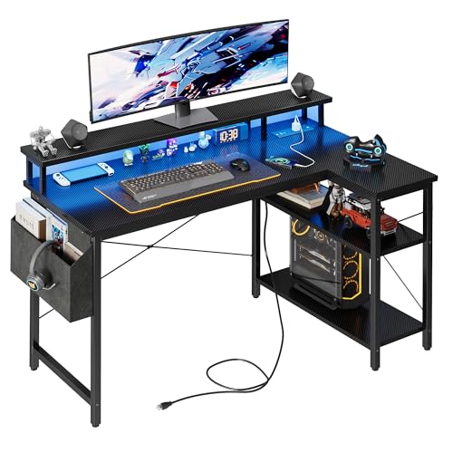 Grandder 120 cm Escritorio L con Luces LED y enchufes, Escritorio de Juego con 2 estantes, Mesa de Ordenador con Soporte para Monitor, Home Office, Negro carbón​