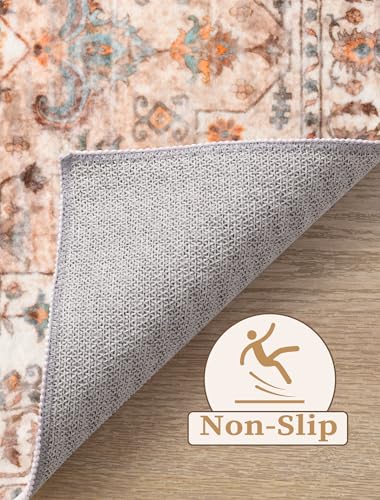 SERISSA Boho Washable Runner Rug, 2'6"x8' Non-Slip Vintage Peach Cream Hallway Kitchen Runner Rug Ultra Soft Print Distressed Floor Carpet for Bedroom Bathroom Laundry Room