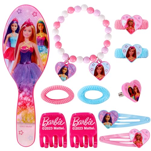 Barbie Beauty Set de 11 piezas de joyería y accesorios para el cabello para niñas, diseño de la película Barbie rosa, glamuroso, set de regalo, pulseras con cepillo para el pelo, dijes