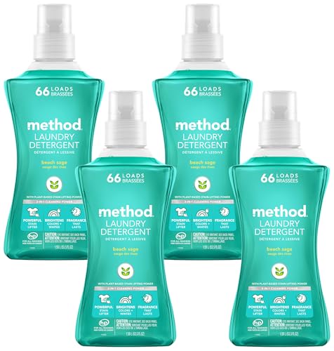 Image of Method Liquid Laundry Detergent; Beach Sage Scent, Stain Remover; 66 Loads per 53.5 oz Bottle; (Pack of 4)