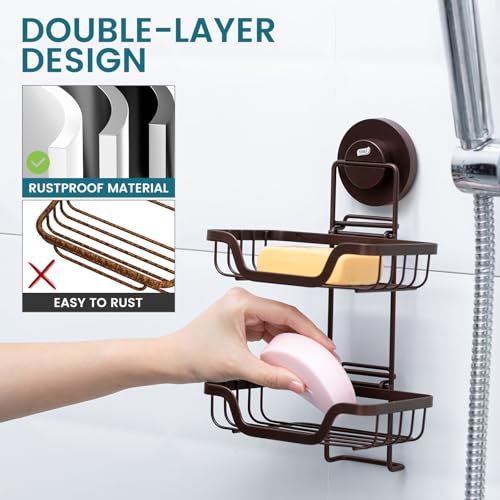 Image of TAILI Soap Holder, Soap Dish Suction Cup with Hooks,Stainless Steel,2 Layer | Soap Dish for Shower, Bathroom Bar soap holder Shower Wall, Stainless Steel Sponge Holder for Tub Kitchen, Brown